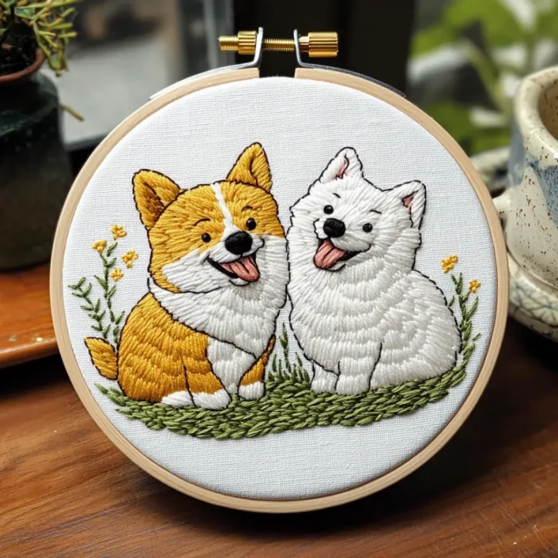 Corgi & Samoyed on Grass Digital Embroidery Pattern