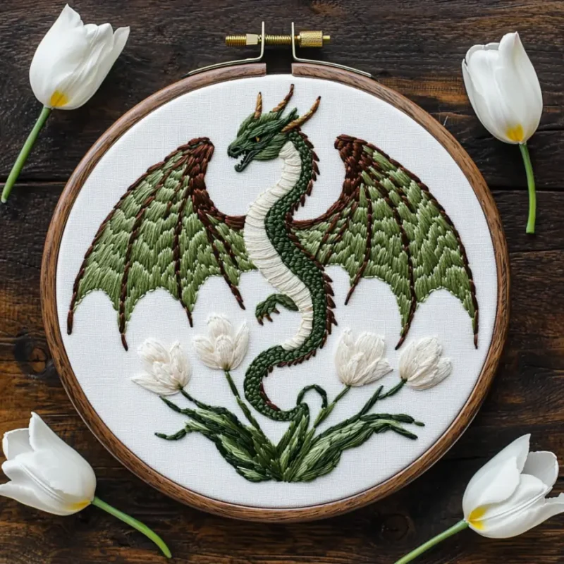 Green Dragon & Tulips Unique Embroidery Pattern