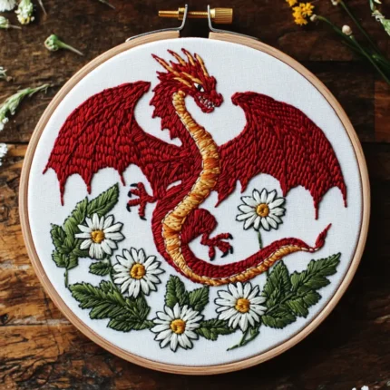 Red Dragon with Daisies Floral Embroidery PDF