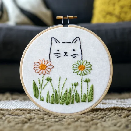 A close-up of a cute cat and daisy embroidery piece placed on the carpet