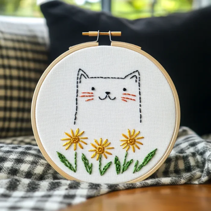 A close-up of an embroidery piece featuring a blushing, shy cat and sunflowers