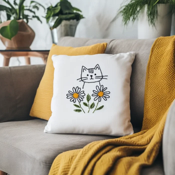 A cozy living room with a sofa adorned with throw pillows and a blanket.