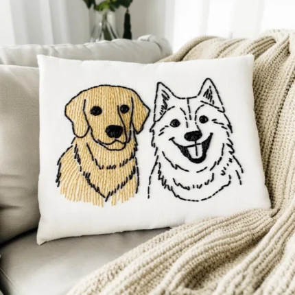 A cute Golden Retriever and Samoyed embroidered throw pillow.