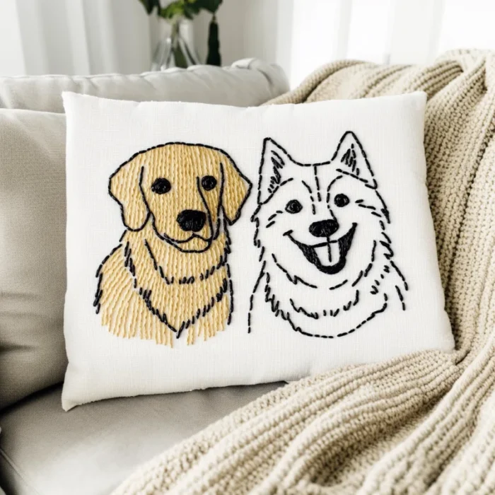 A cute Golden Retriever and Samoyed embroidered throw pillow.