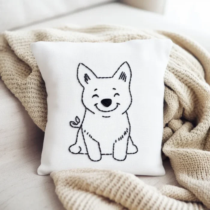 A cute puppy embroidered throw pillow on a beige blanket.
