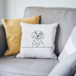 A ginger and a white throw pillow on a gray sofa, with the white pillow featuring an embroidered abstract dog.