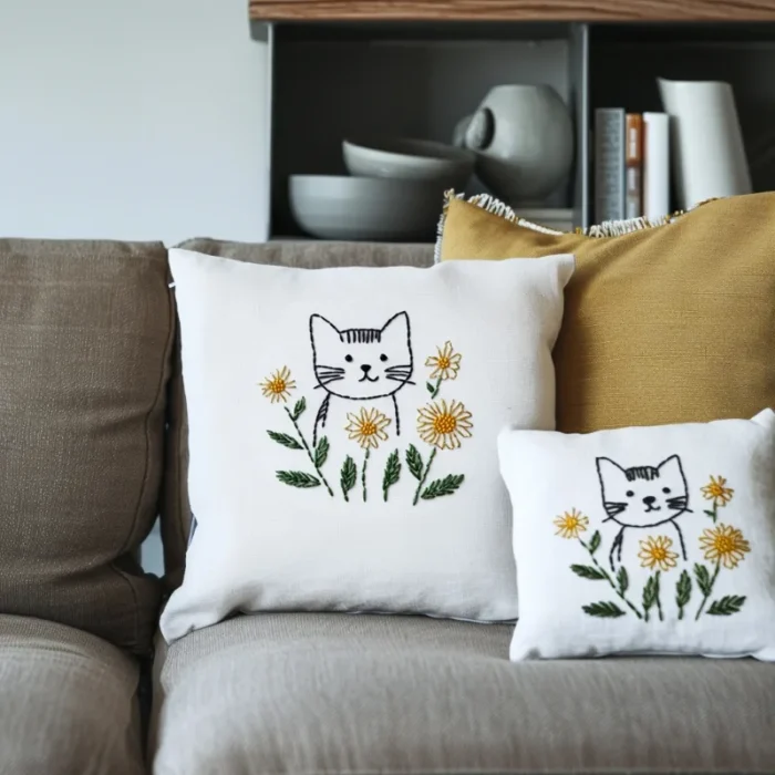A gray sofa with throw pillows of various sizes, some featuring handcrafted embroidery designs.