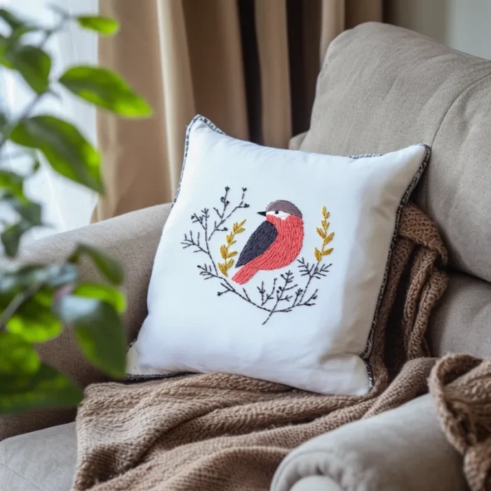 A khaki-colored blanket and a white bird embroidery pillow on the sofa