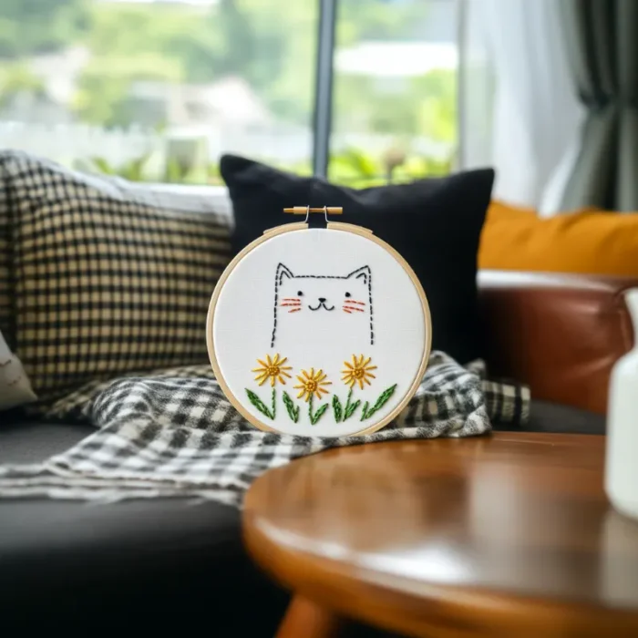 A shy cat and sunflower embroidered artwork on the sofa