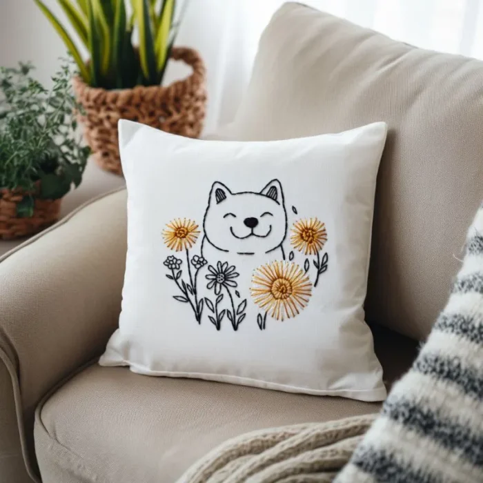 A throw pillow with an embroidered Shiba Inu and dandelion, placed on a sofa.