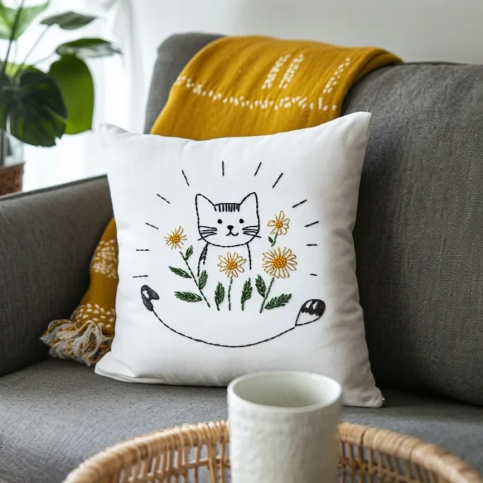 A white cat embroidered throw pillow and a ginger-colored blanket placed on the sofa.