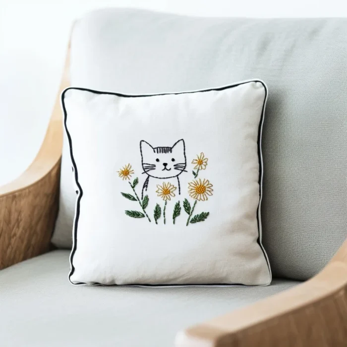 A white cat embroidered throw pillow placed on a light gray sofa.