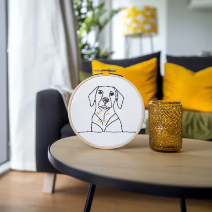 Abstract Puppy Bust Hand Embroidery Placed on the Table
