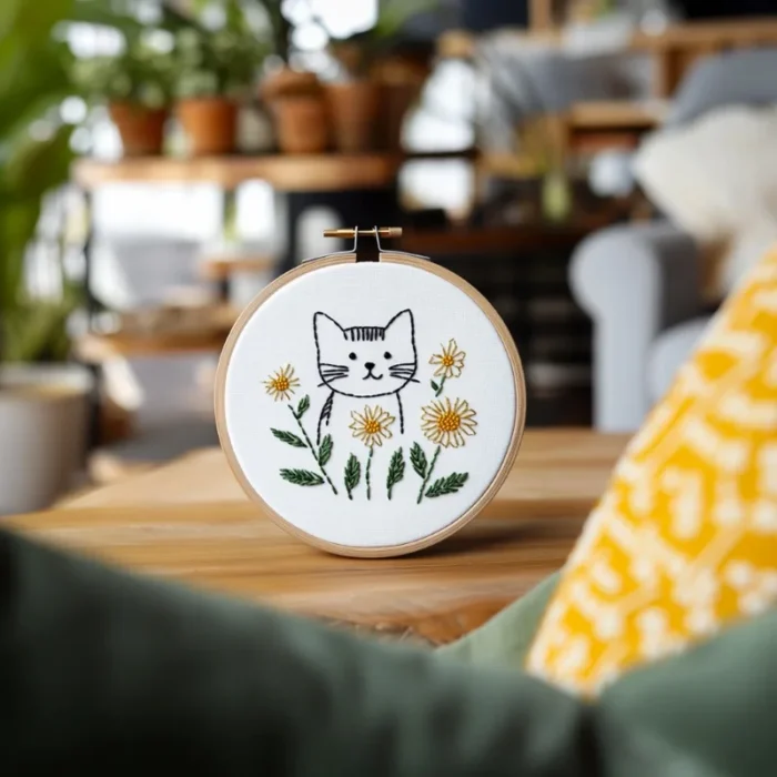 An embroidery hoop featuring a cat and daisy design placed on a table, with throw pillows in the foreground.