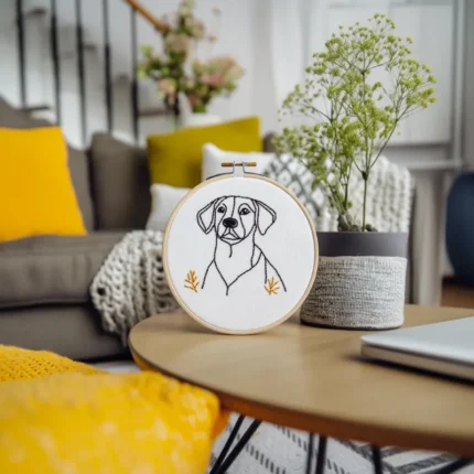 Bust Puppy Abstract Hand Embroidery Artwork Placed on the Table