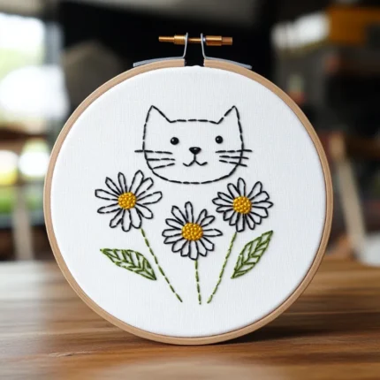 Close-up Cat and Daisy PDF Embroidery Artwork