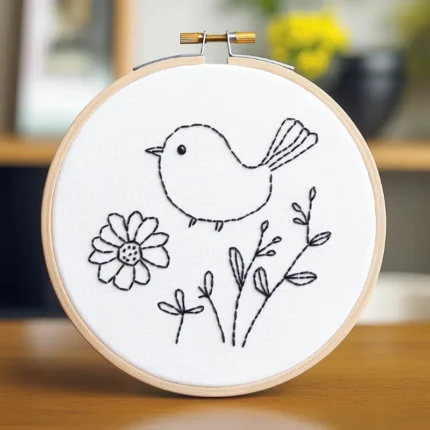 Close-up Charming Bird and Daisy Hand Embroidery Artwork