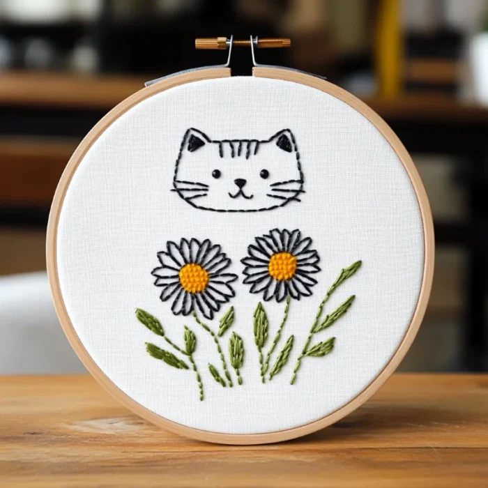 Close-up Cozy Kitten and Daisy Hand Embroidery Artwork