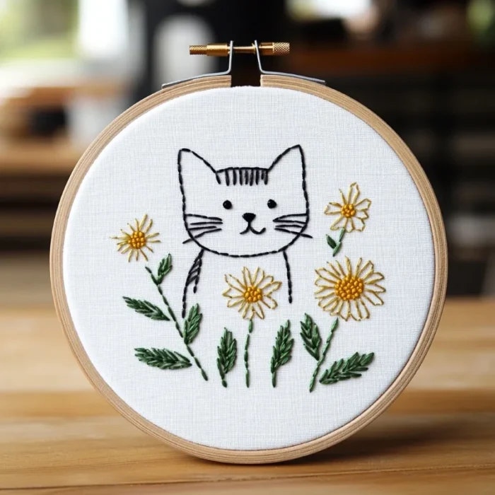Close-up DIY Cat and Daisy Digital Embroidery Artwork