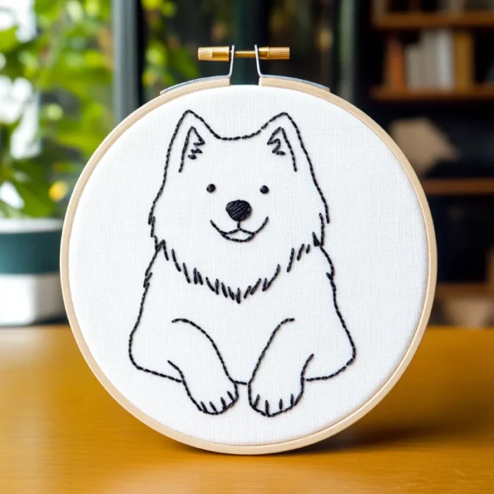 Close-up Hand-Stitched Samoyed Embroidery Artwork