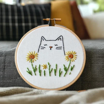 Close-up Lazy Cat and Daisy Hand Embroidery Artwork