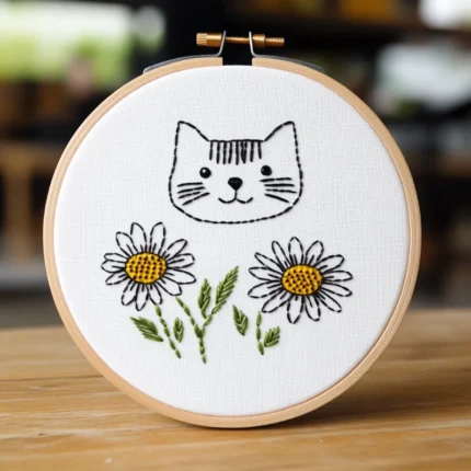 Close-up Mischievous Cat and Sunflower DIY Embroidery Artwork