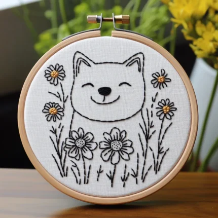 Close-up Shiba Inu and Daisies Printable Embroidery Pattern