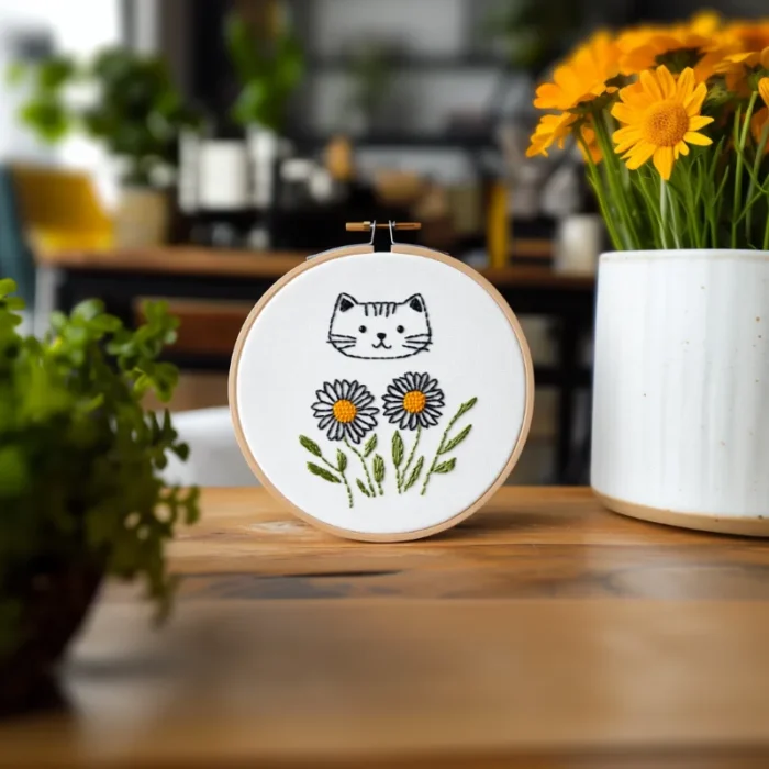 Cozy Kitten and Daisy Hand Embroidery Artwork Placed on the Table