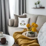 Cozy living room interior with plush sofa, minimalist coffee table, and decorative accents