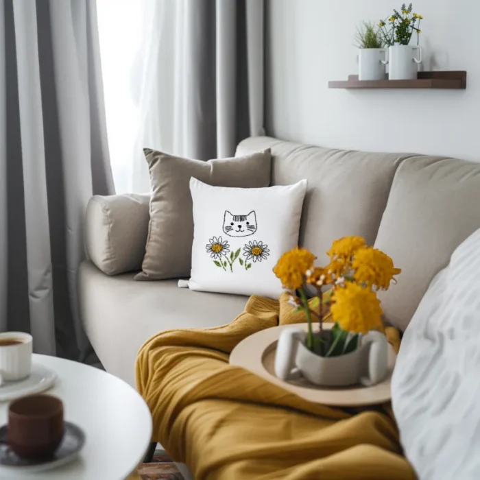 Cozy living room interior with plush sofa, minimalist coffee table, and decorative accents