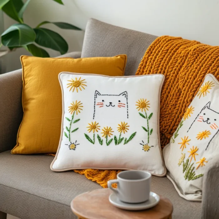 Embroidered throw pillows and a blanket on the sofa, creating a cozy atmosphere