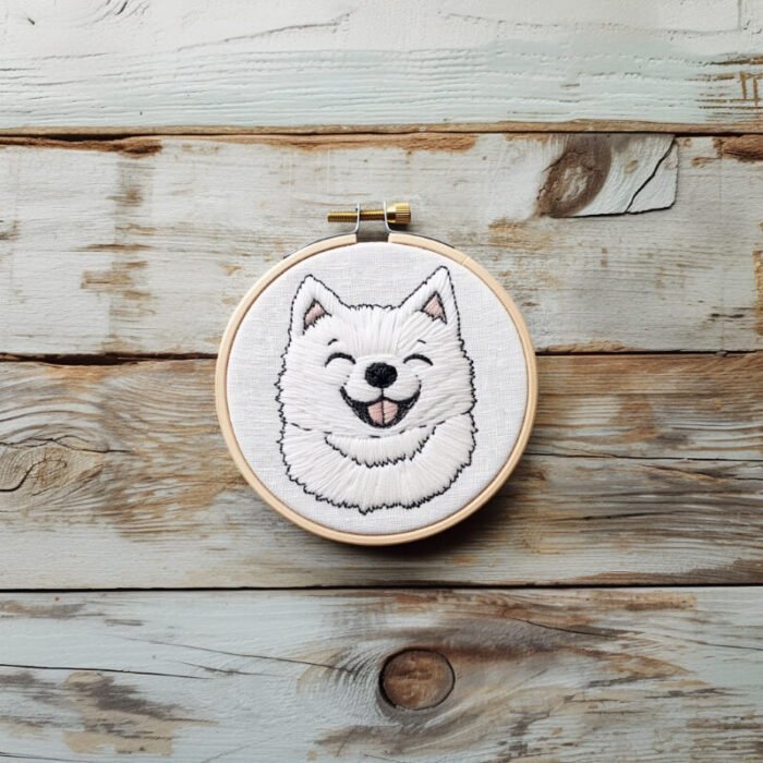 Smiling Samoyed Dog Hand Embroidery in the floor