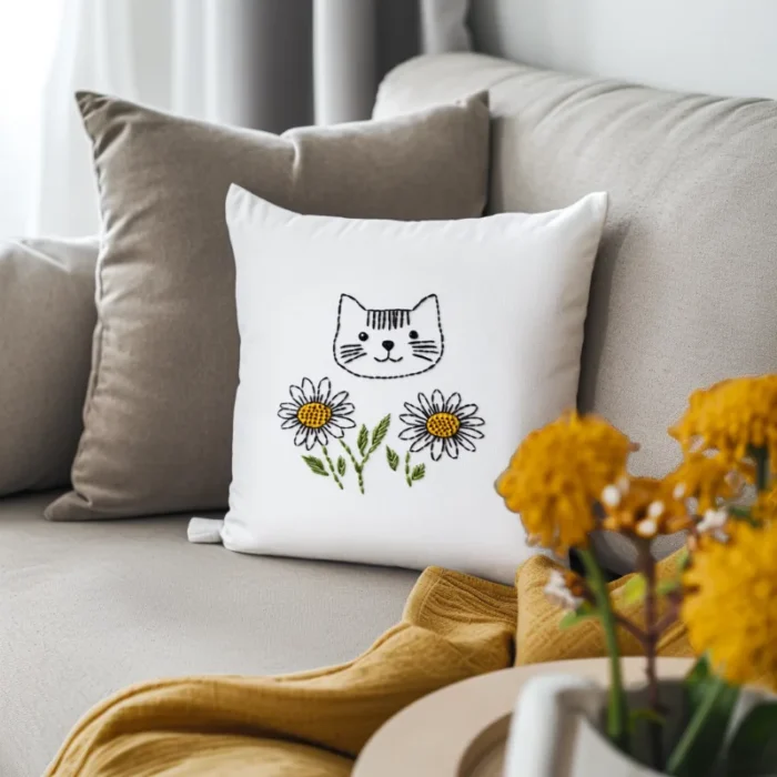 Stylish modern sofa with embroidered throw pillows, soft knit blanket, and decorative chrysanthemum flowers