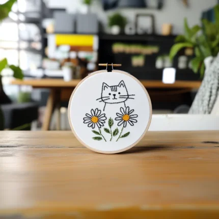 Tabby Cat Printable Embroidery Artwork Placed on the Table