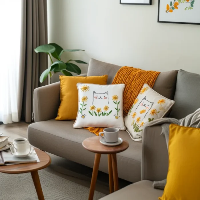 The living room sofa with throw pillows, along with a coffee table and a small side table
