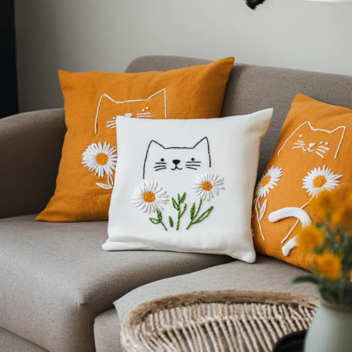 Three embroidered throw pillows on the sofa