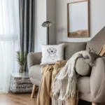 A sad puppy embroidered throw pillow in a modernly decorated living room, adding a touch of elegance to the space.