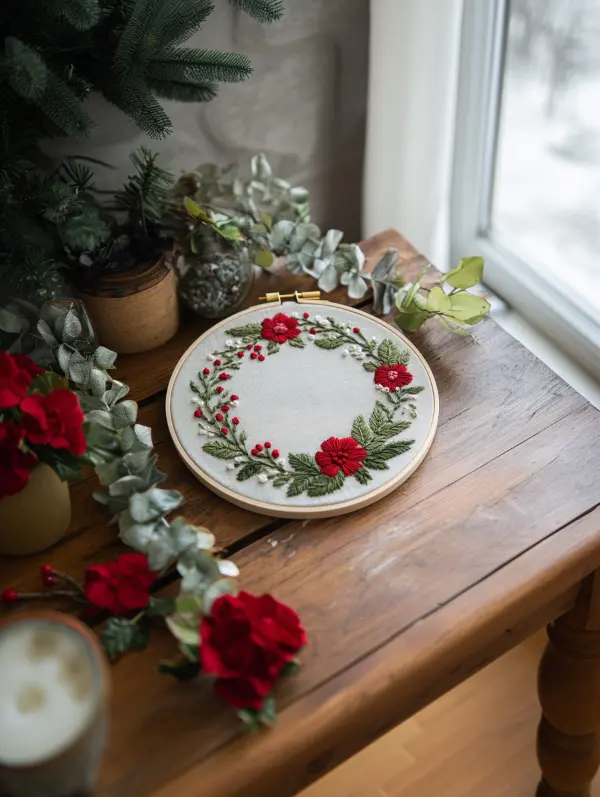 a rose wreath embroidery is placed on the table