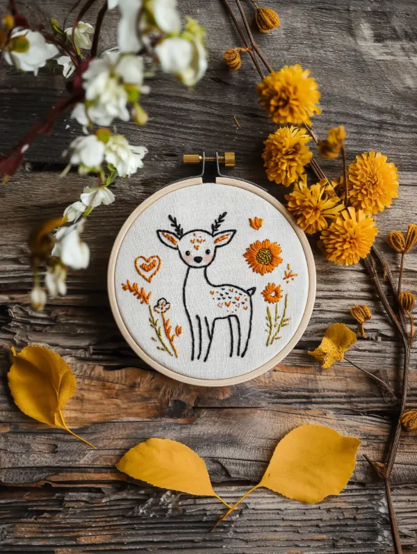 adorable baby deer embroidery with chamomile and chrysanthemums on the side