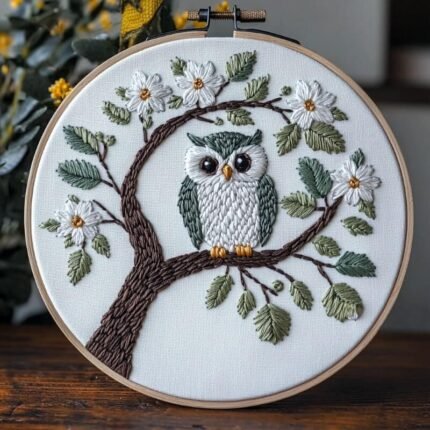 Owl & Apple Blossom Hand Embroidery Artwork