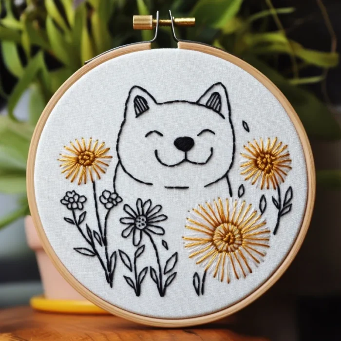 close shot of printable Shiba Inu and Dandelion Digital Embroidery Pattern