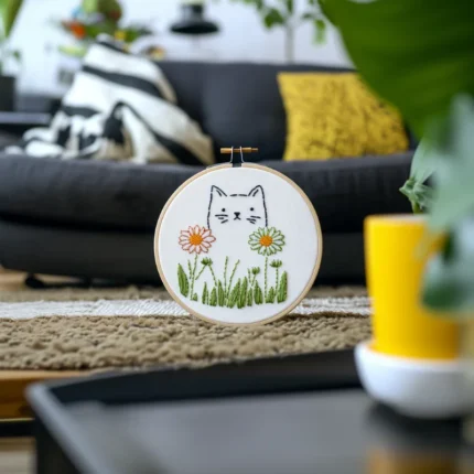 A slightly blurred coffee table in the foreground, a cat embroidery piece on the carpet in the midground, and a sofa in the background.
