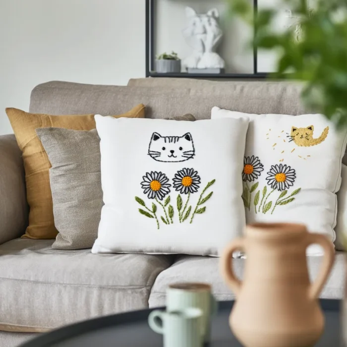 In the foreground, a small coffee table with a cup; in the background, a sofa with multiple throw pillows, some featuring embroidered cat and daisy designs.