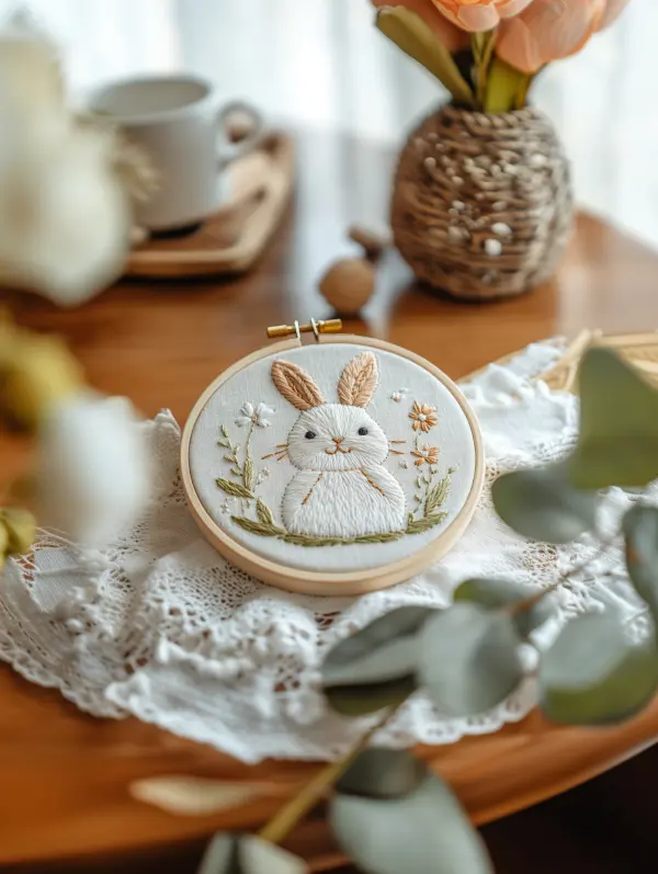 tables with white rabbit embroidery work and other decorations