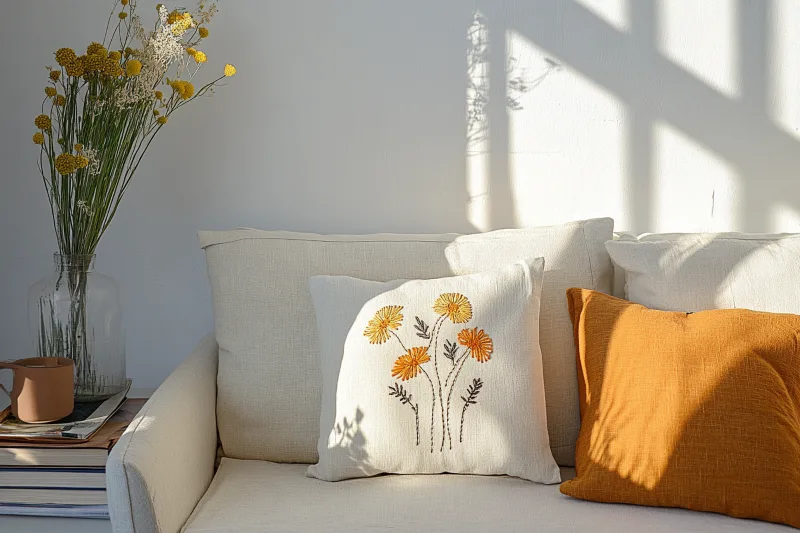 the pillows on the couch are embroidered with chrysanthemums