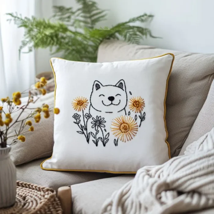 A Shiba Inu and dandelion embroidered throw pillow on the sofa, adding a charming decorative touch.