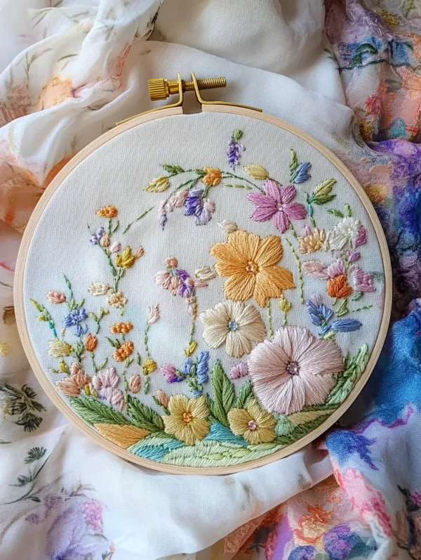 embroidery work with a variety of flowers