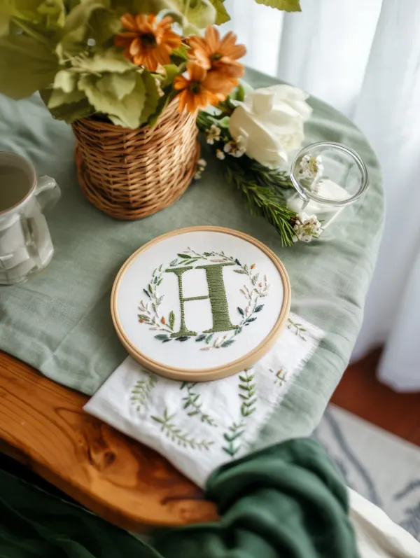 the cloth is embroidered with a capital letter H, and the embroidered hoop is bordered with flower accents