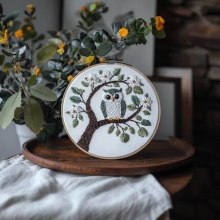 owl embroidery palced on the table