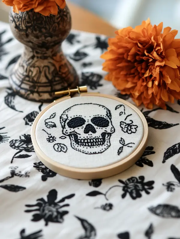 skull embroidery bordered by an orange flower